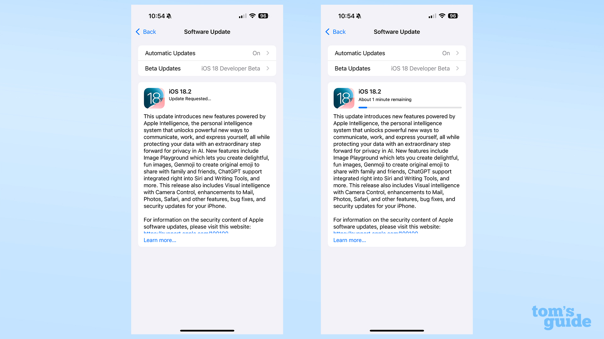 צילומי מסך המציגים את התקנת iOS 18.2