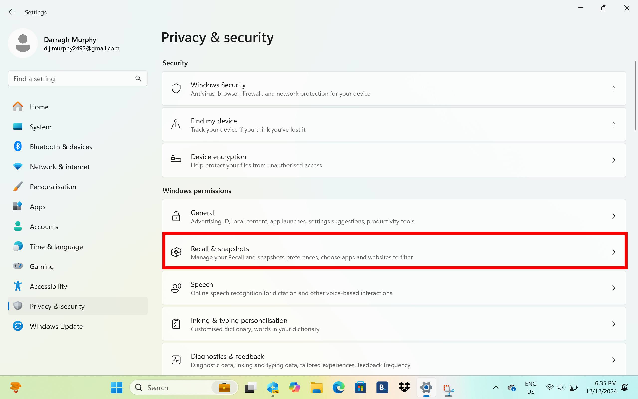 הגדרות Windows המציגות אחזור ותמונות מצב 