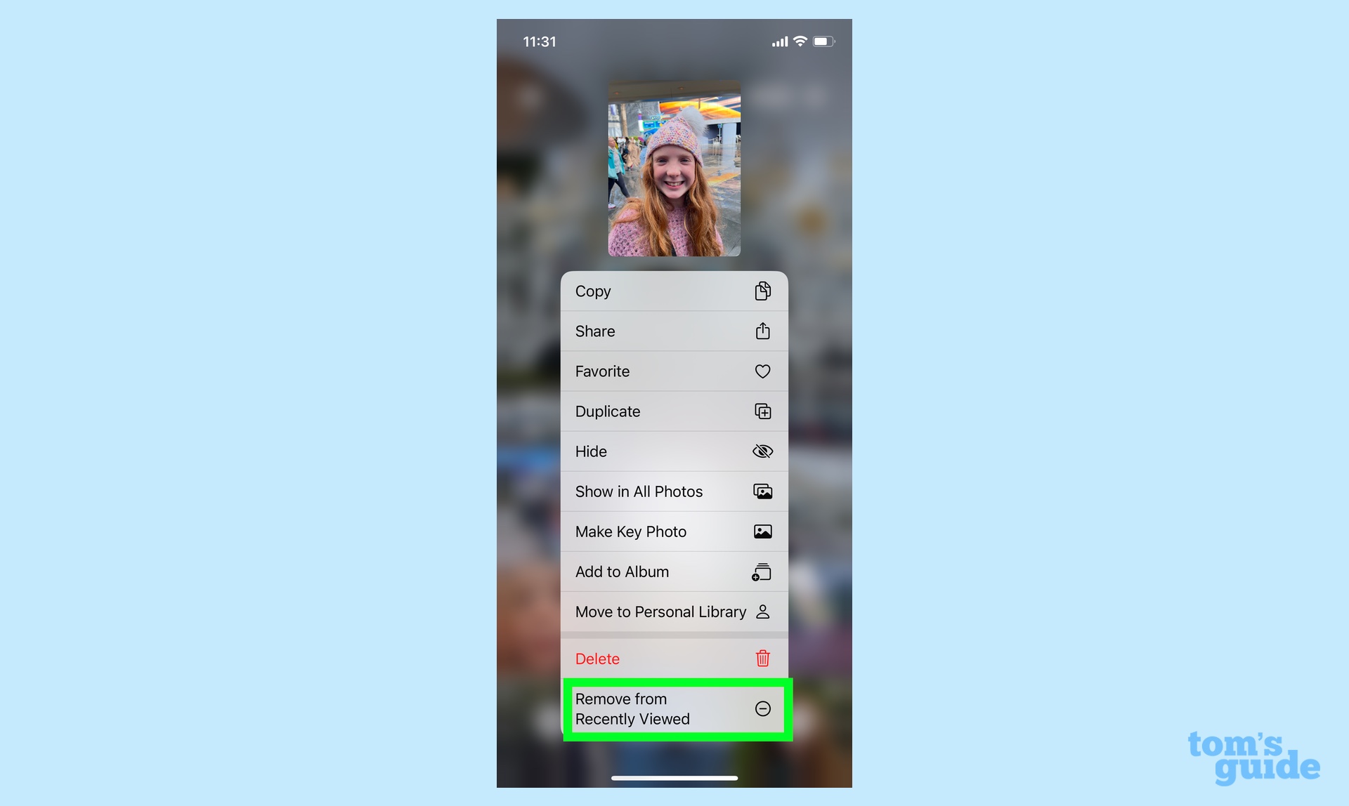 הסרת תמונה בודדת מהתיקיה שנצפה לאחרונה