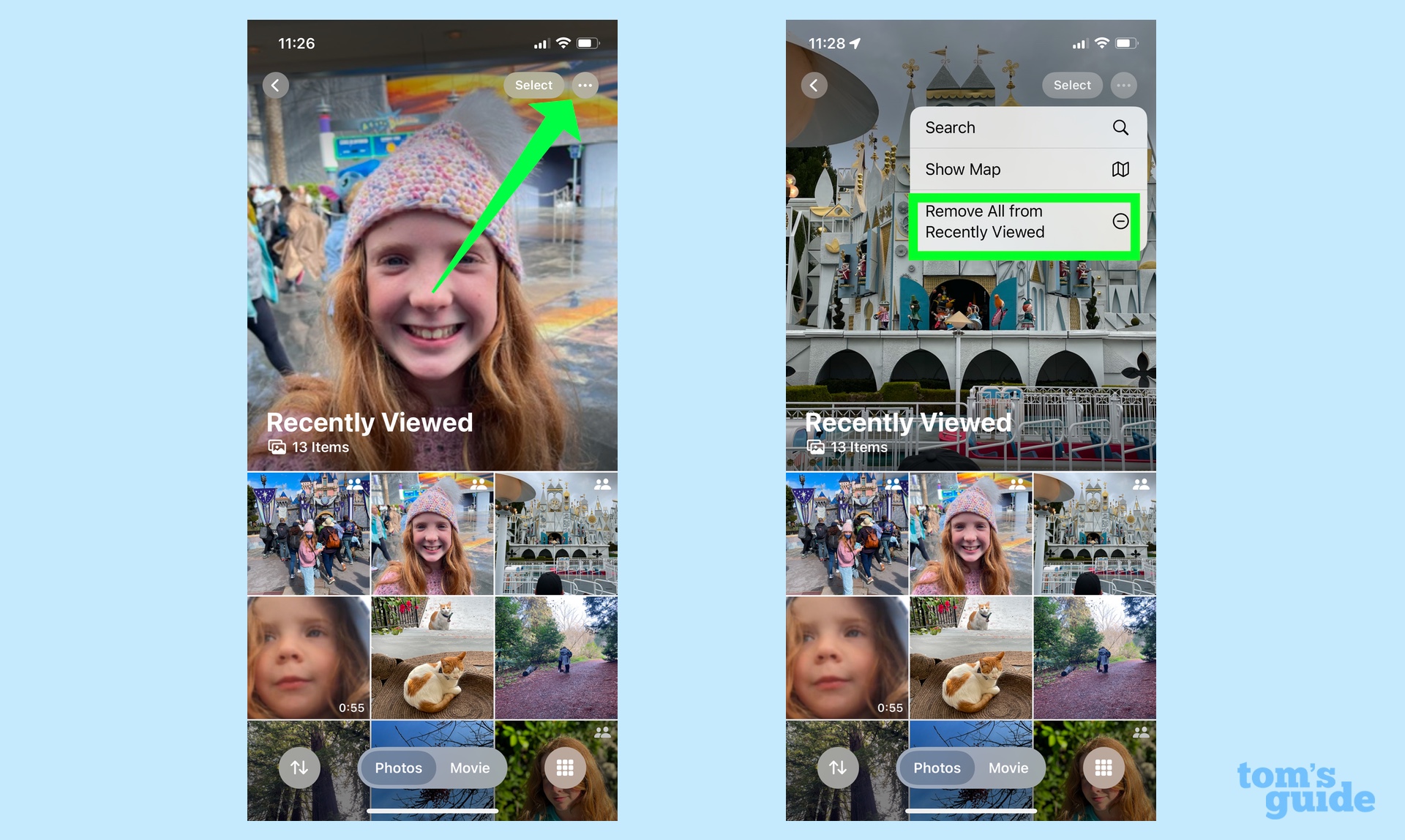 הקש על כפתור עוד ובחר הסר הכל מהצפייה לאחרונה