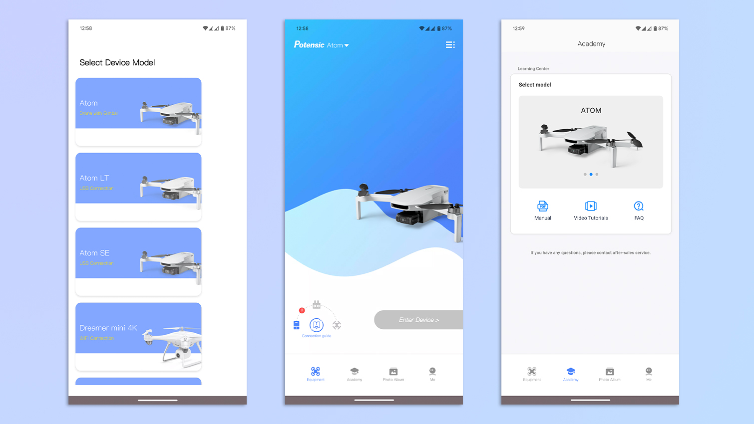 אוסף של צילומי מסך המציגים את אפליקציית Potensic Pro באנדרואיד
