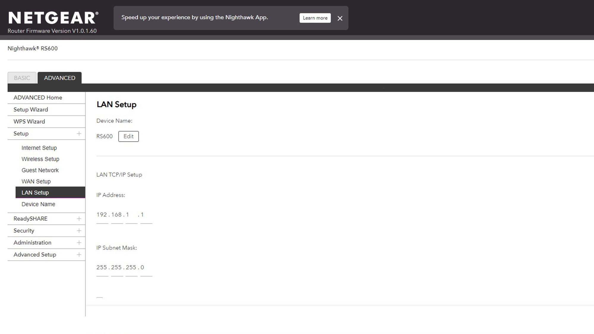 צילום מסך של אפליקציית Netgear Nighthawk RS600