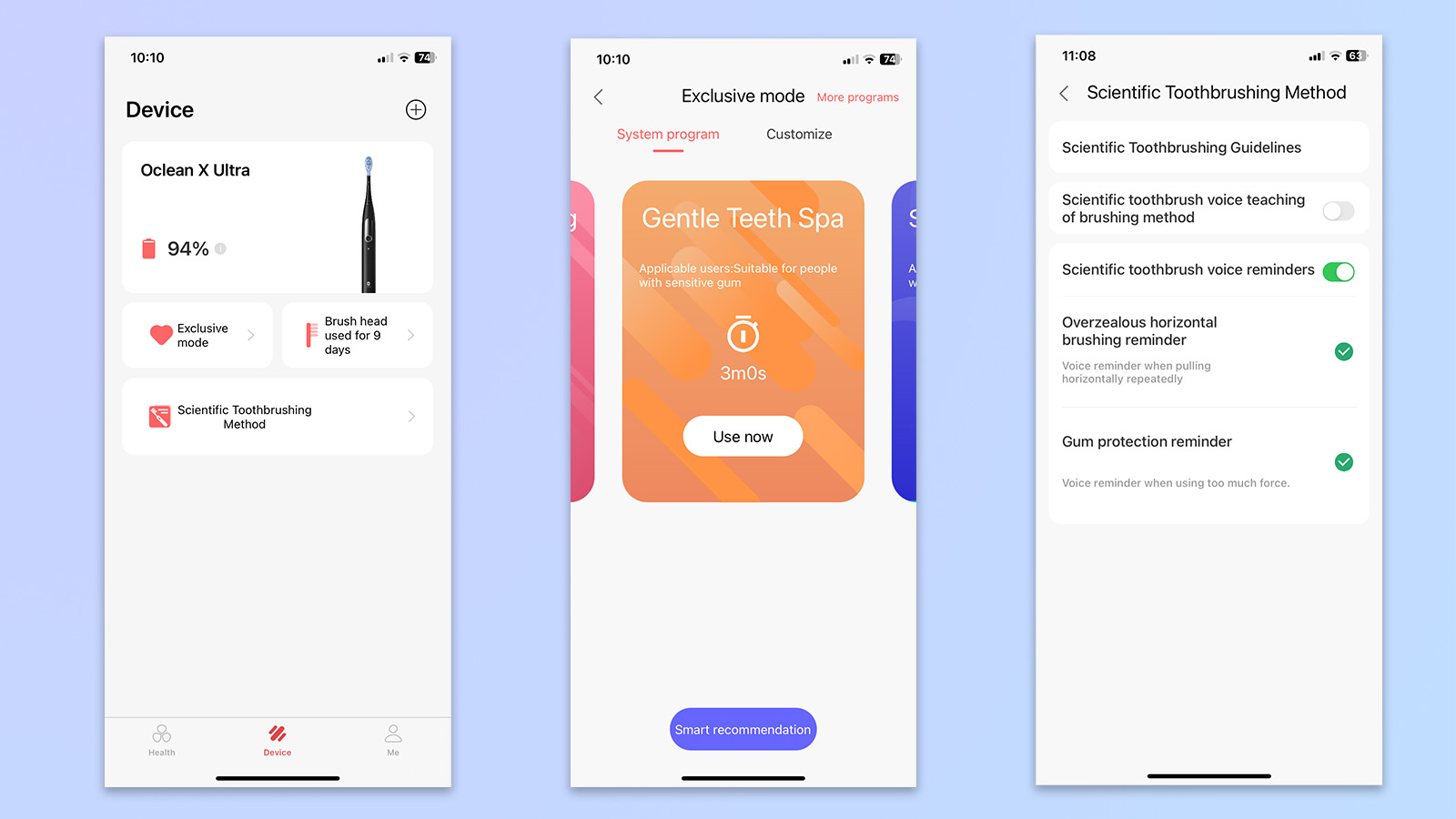 צילומי מסך מאפליקציית Oclean המציגים יכולות ודוחות ניקוי