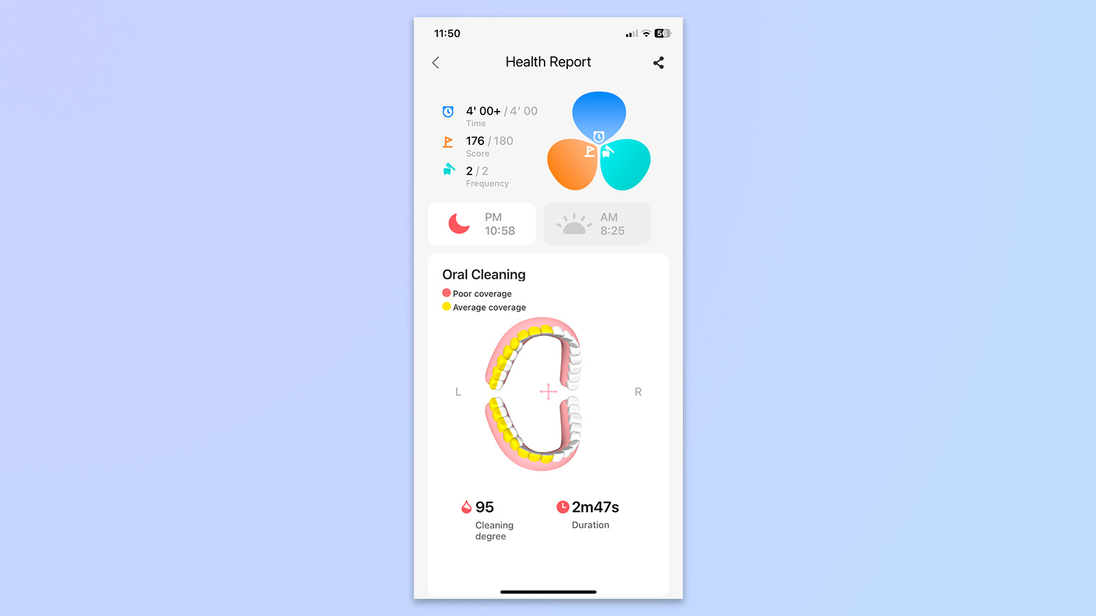 צילומי מסך מאפליקציית Oclean המציגים יכולות ודוחות ניקוי