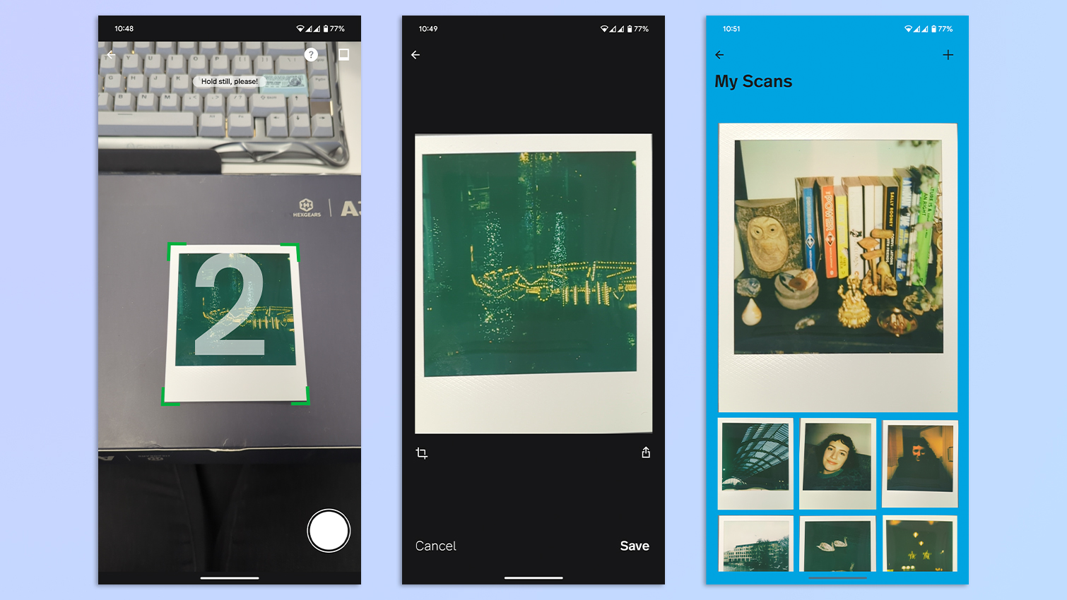 אוסף של צילומי מסך המציגים את האפליקציה הנלווית של Polaroid באנדרואיד