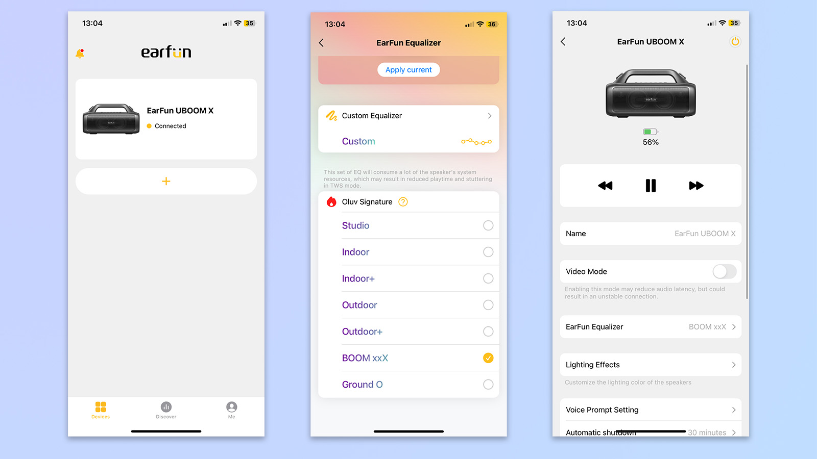 צילום מסך של אפליקציית EarFun Audio המציגה התאמה אישית של EQ והגדרות רמקולים