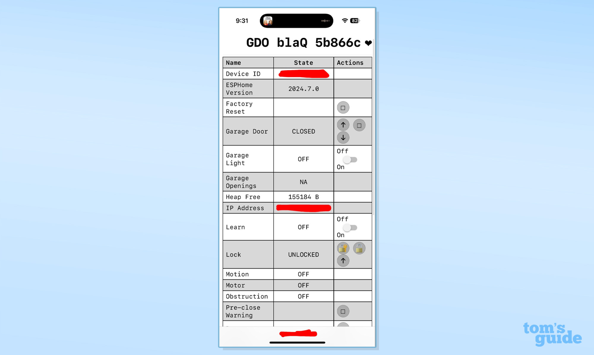 צילום מסך של אפליקציית blaQ של פותחן דלתות מוסך חכם מחובר