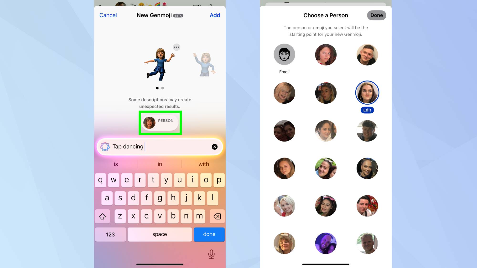 אדם מודגש בממשק Genmoji