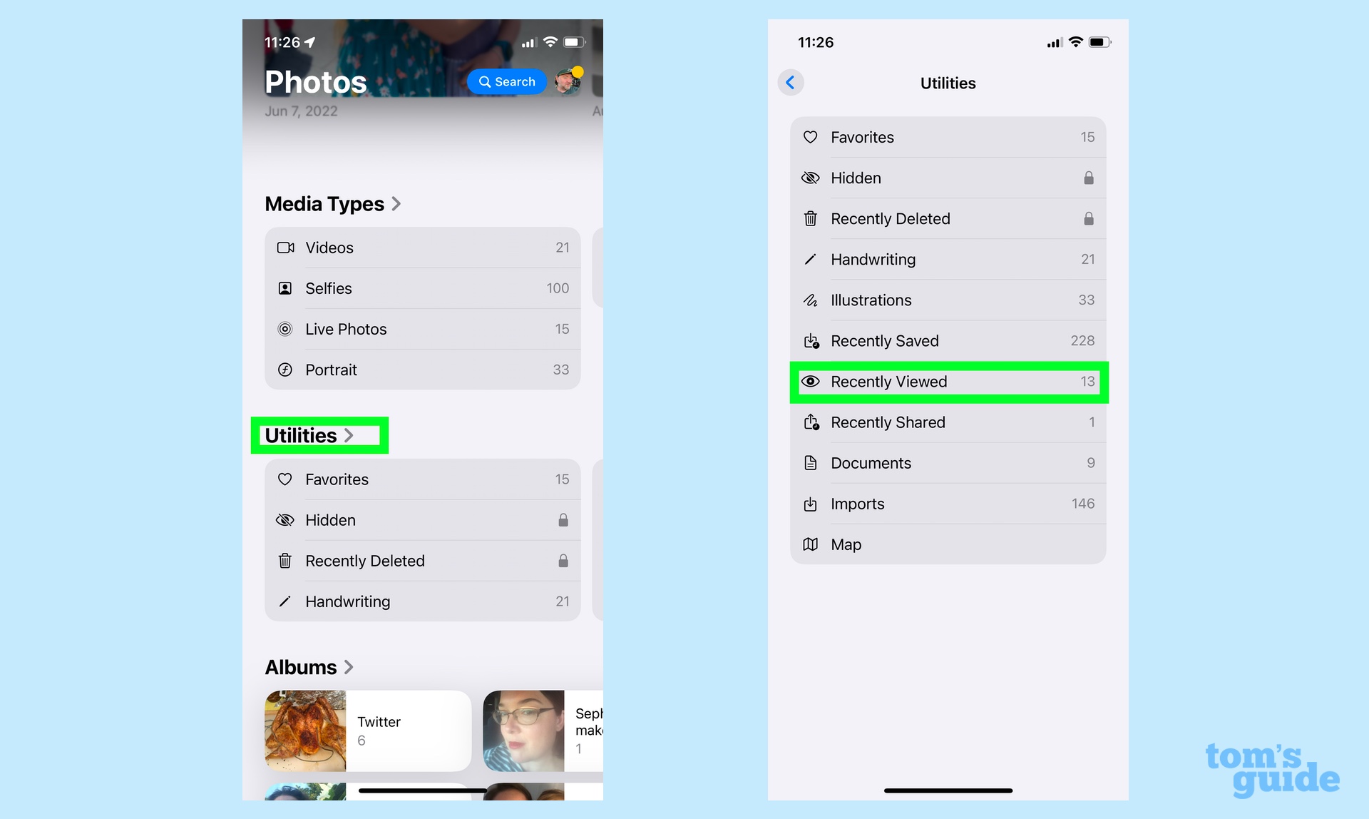 בחר בקטע 'כלי עזר' באפליקציית התמונות ועבור אל נצפו לאחרונה