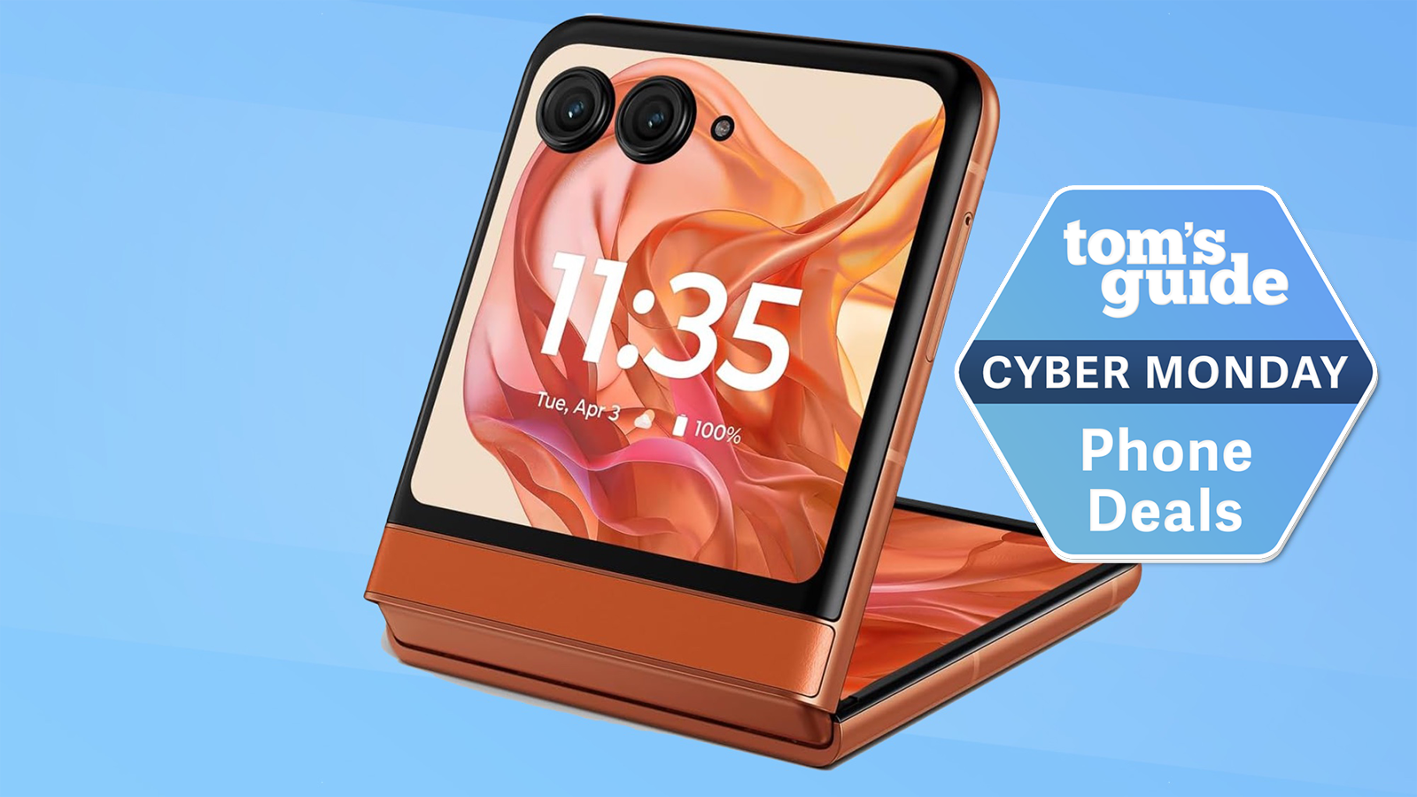 טלפון כתום מתקפל מוטורולה razr עם תג מבצעים של מדריך ה- Tom's Monday Cyber