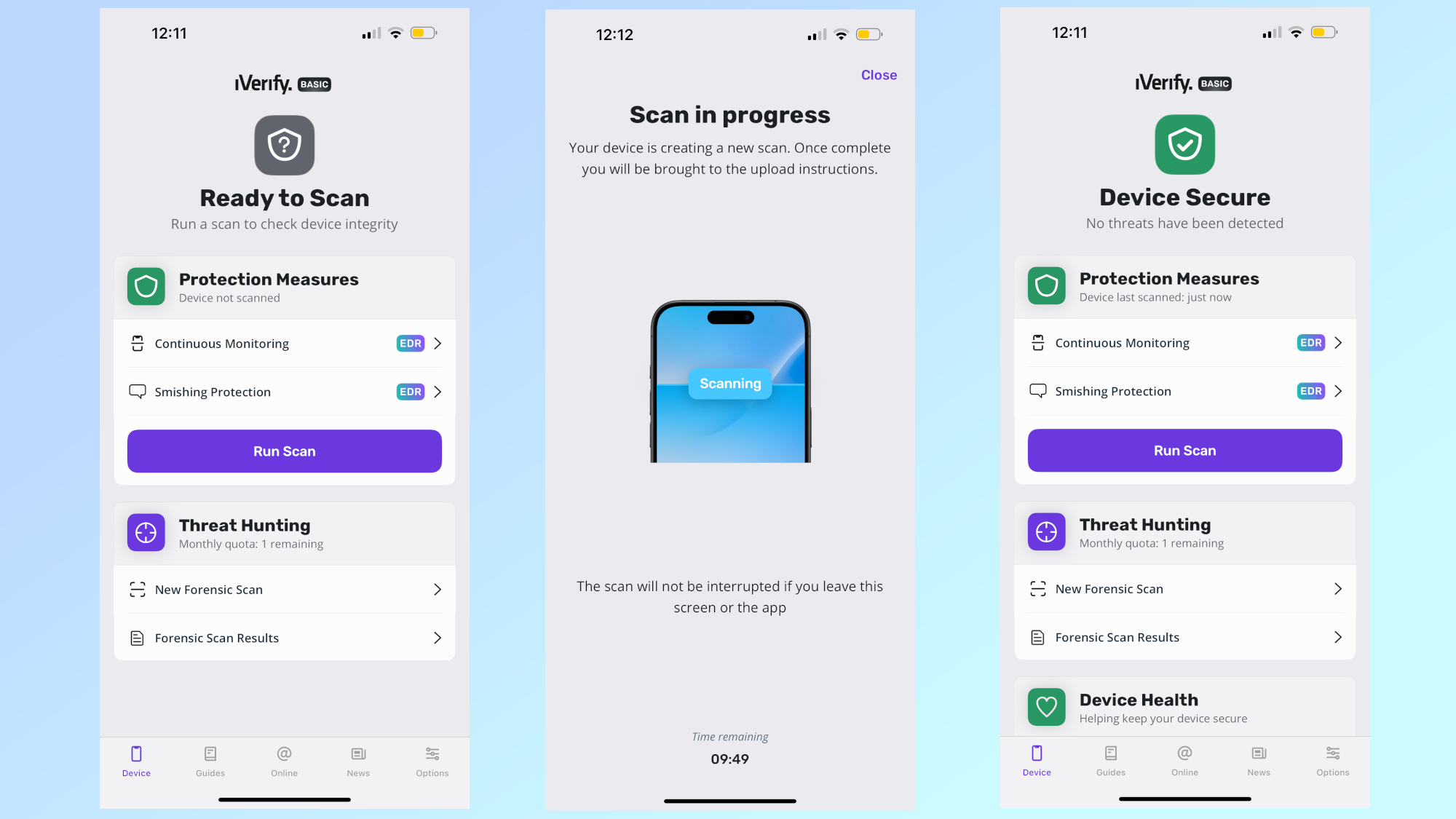 צילומי מסך המציגים את אפליקציית iVerify סורקת אייפון לאיתור תוכנות ריגול