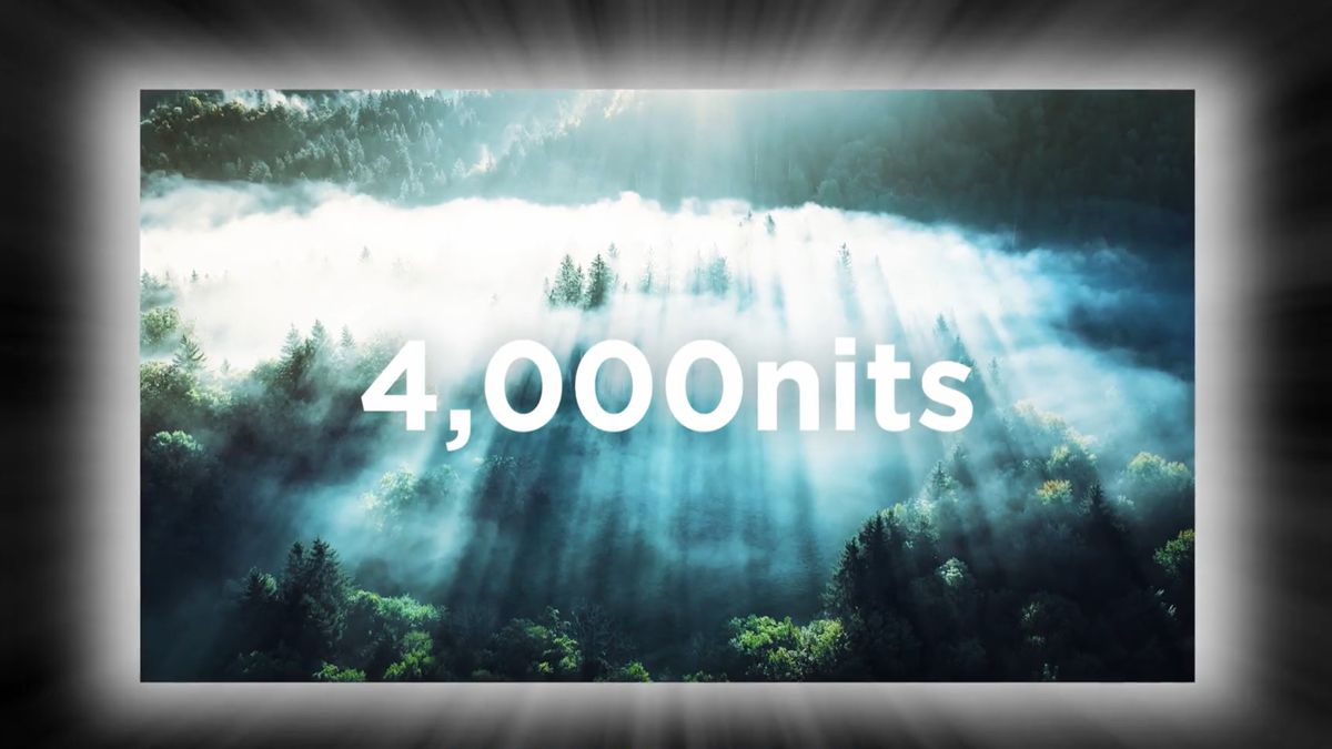 A render of a 4th-generation LG OLED panel displaying a foggy forest scene with the words "4,000 nits" prominently displayed