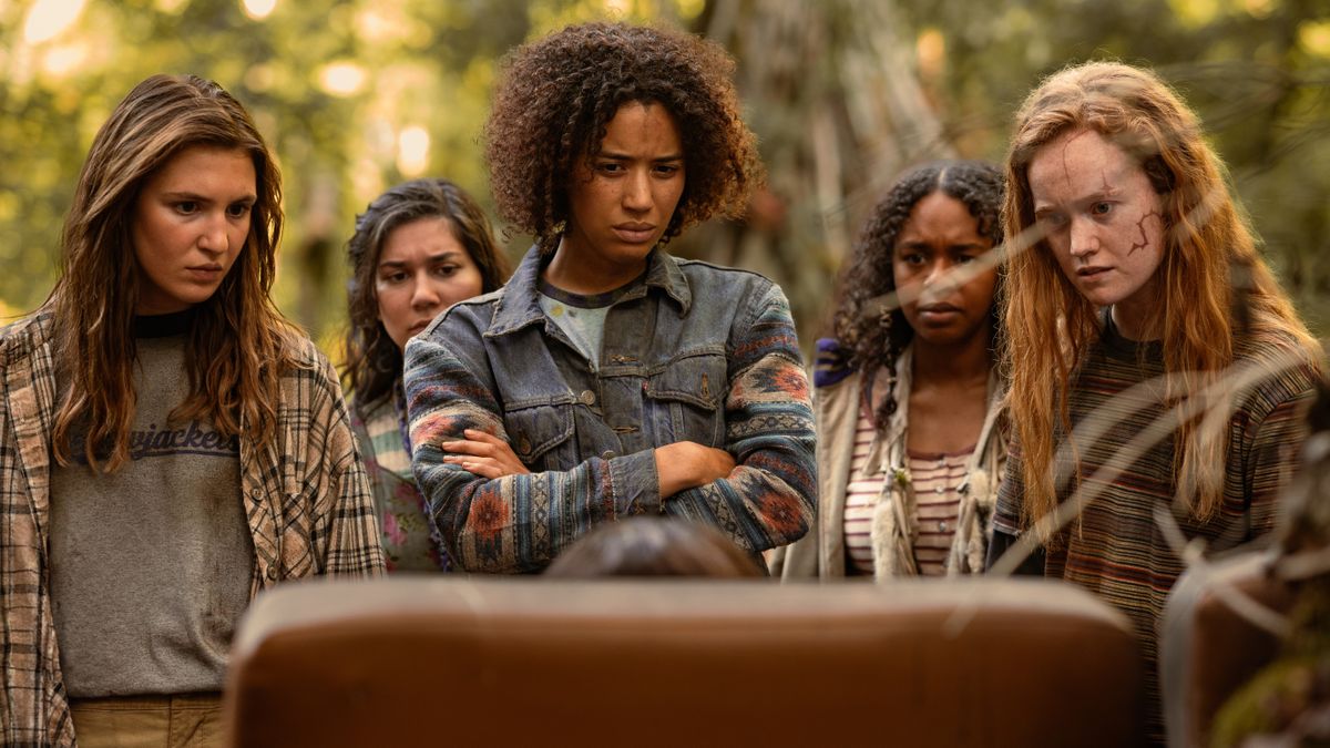 L-R: Sophie Nélisse as Teen Shauna, Vanessa Prasad as Teen Gen, Jasmin Savoy Brown as Teen Taissa, Silvana Estifanos as Teen Britt and Liv Hewson as Teen Van in "Yellowjackets" season 3