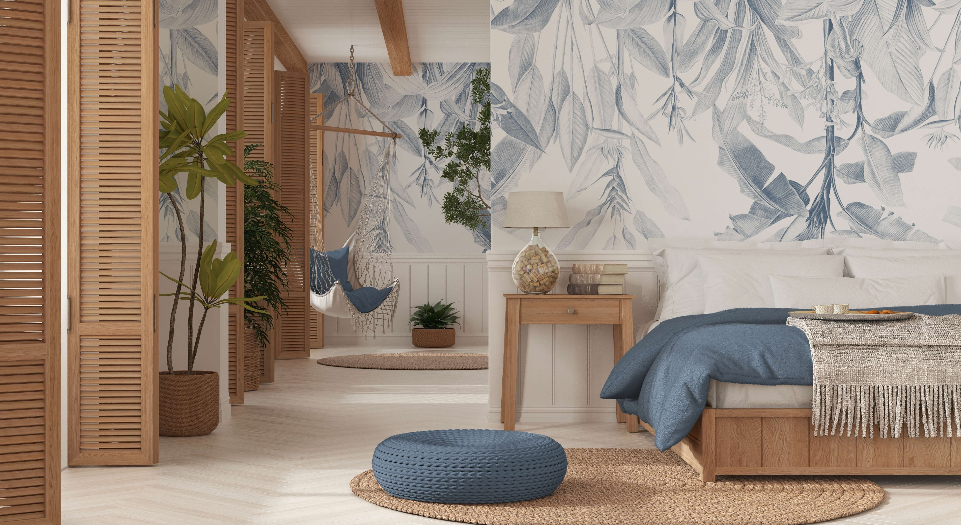 חדר שינה מעוטר בטפטים