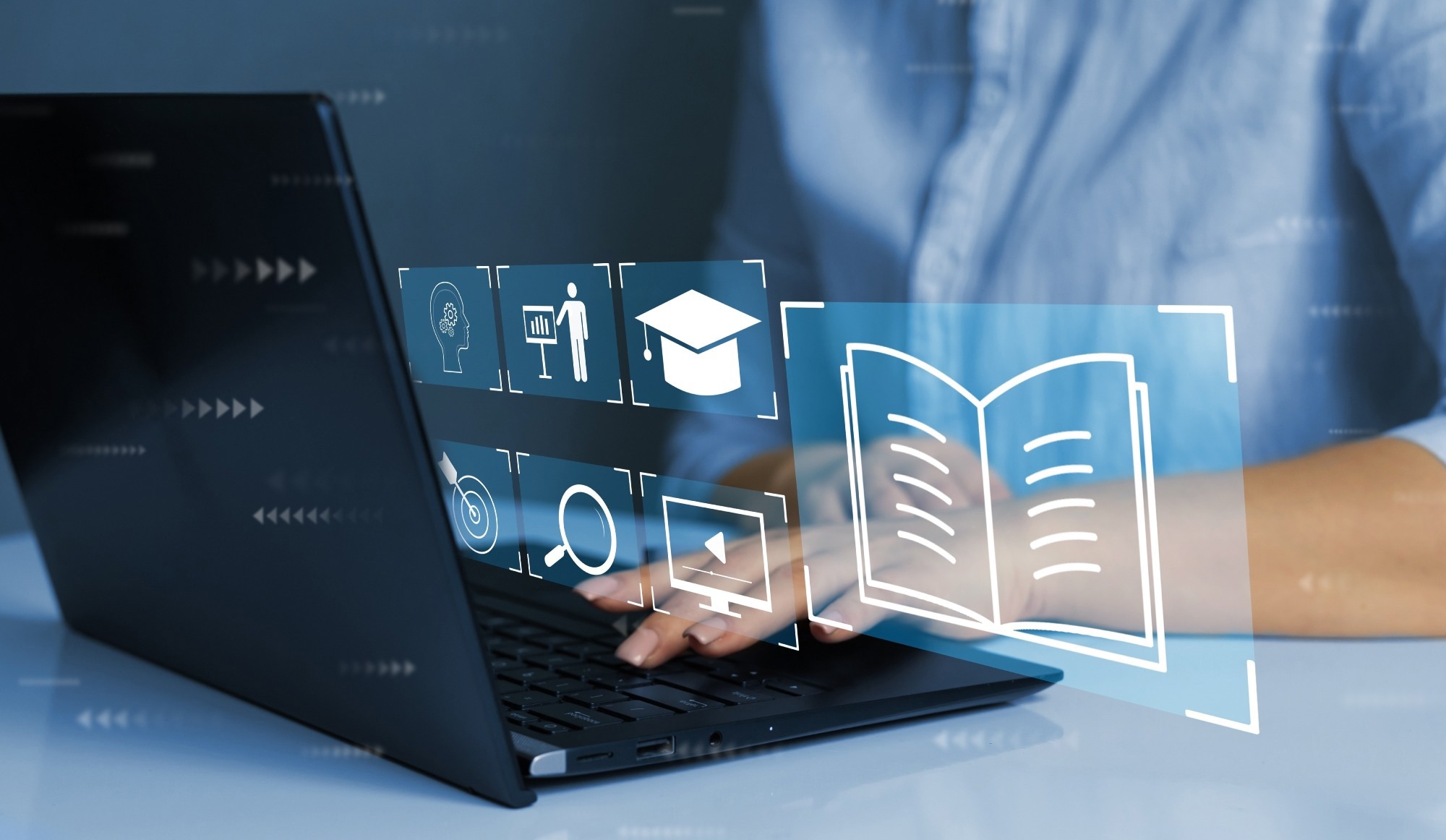 E-learning education, internet lessons and online webinar.