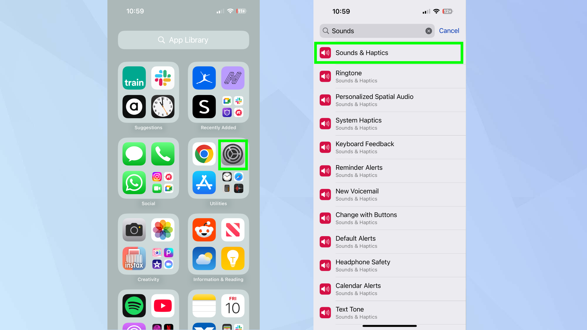 הגדרות וצלילים והפטיקה מודגשים באייפון 16