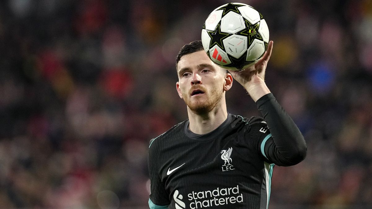 Andy Robertson of Liverpool holds the ball during Liverpool's last Champions League match