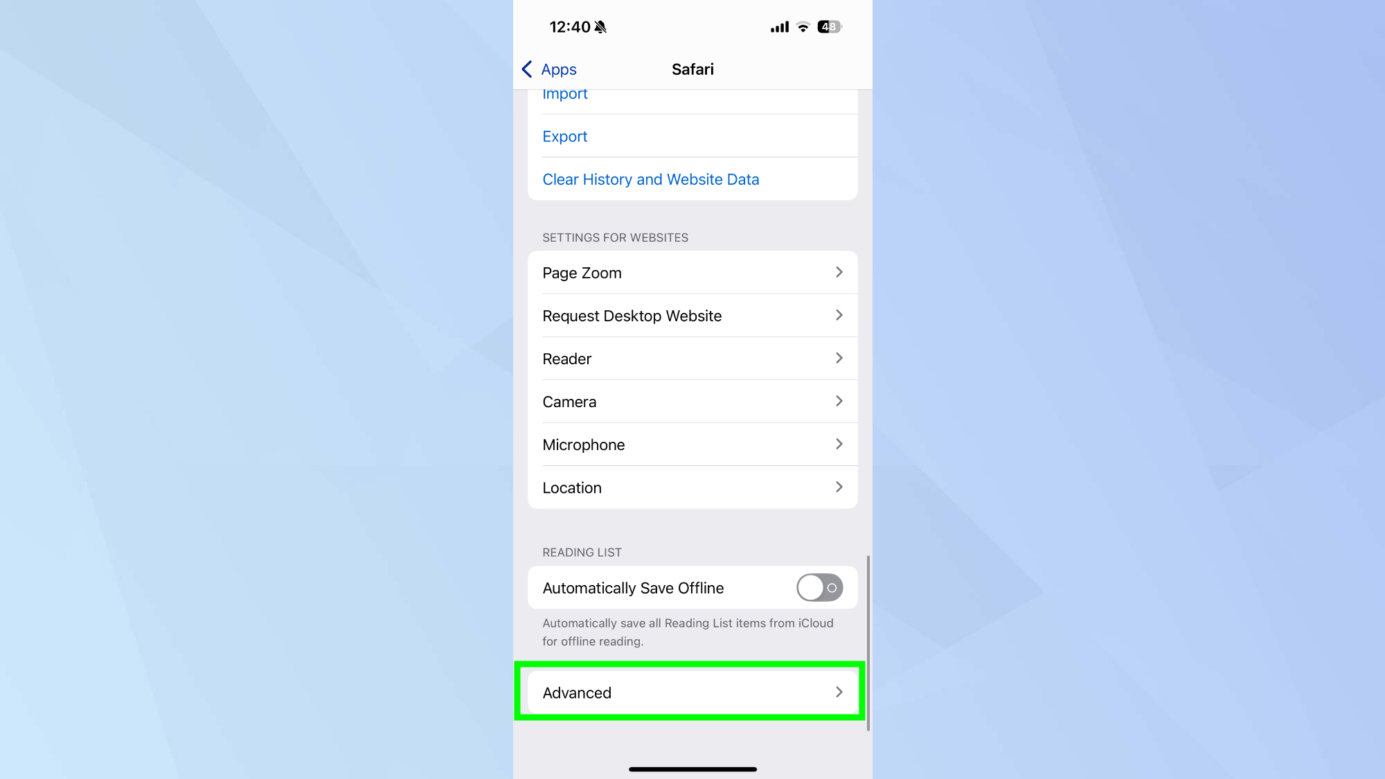 הגדרות ספארי מתקדמות מודגשות באייפון