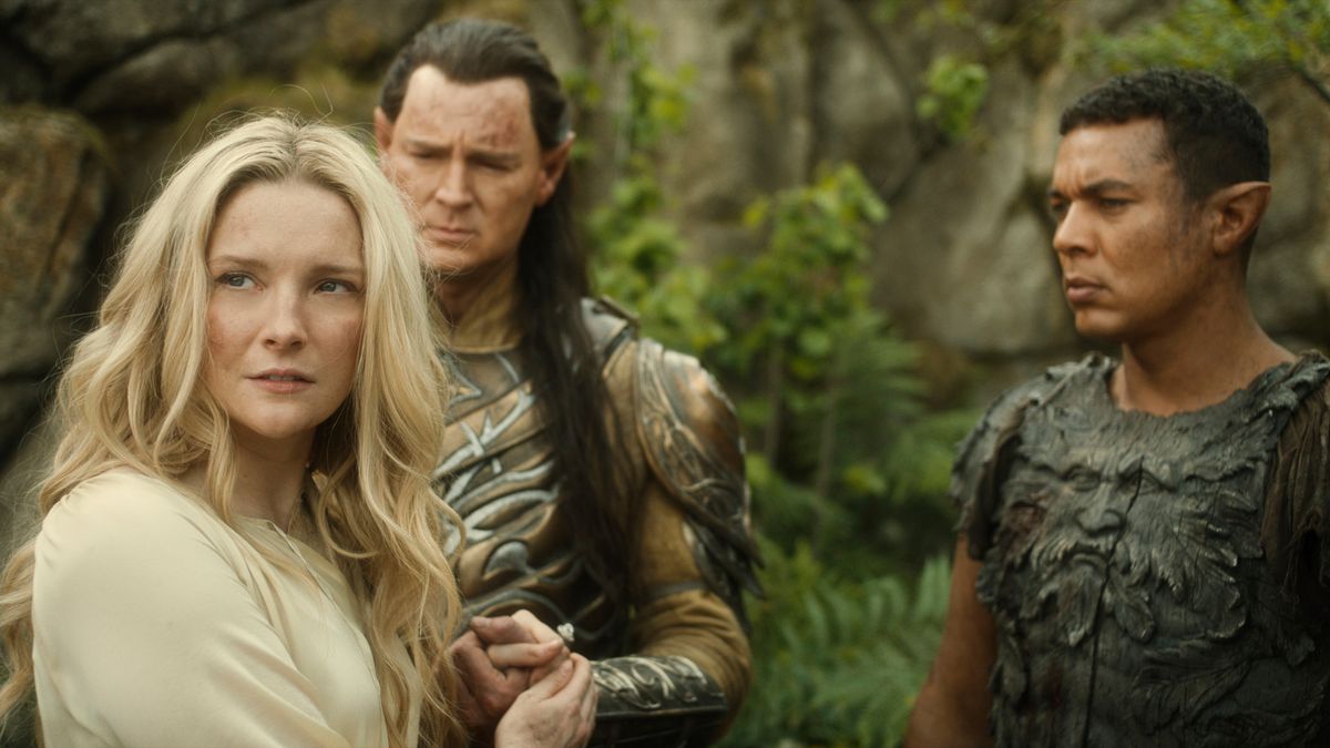 L-R: Galadriel (Morfydd Clark), High King Gil-galad (Benjamin Walker), and Arondir (Ismael Cruz Córdova) in "The Lord of the Rings: The Rings of Power" season 2