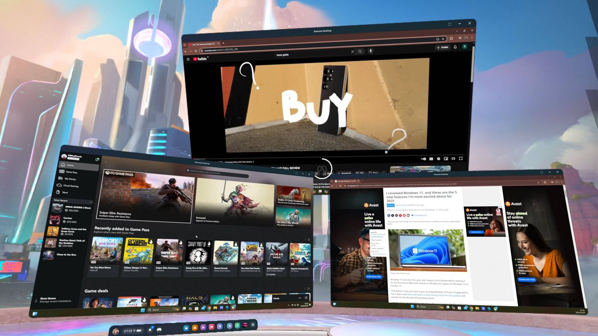 Meta Quest 3 interface showing three virtual monitors of Windows 11 PC with Xbox Game Pass app and Tom's Guide website open