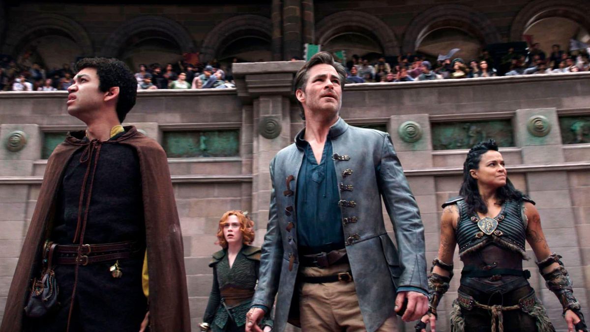 L-R: Justice Smith, Sophia Lillis, Chris Pine and Michelle Rodriguez in Paramount's "Dungeons and Dragons: Honor Among Thieves"