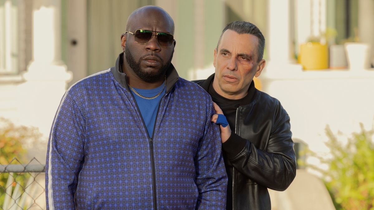 Omar J. Dorsey (front), Sebastian Maniscalco in Max's "Bookie".