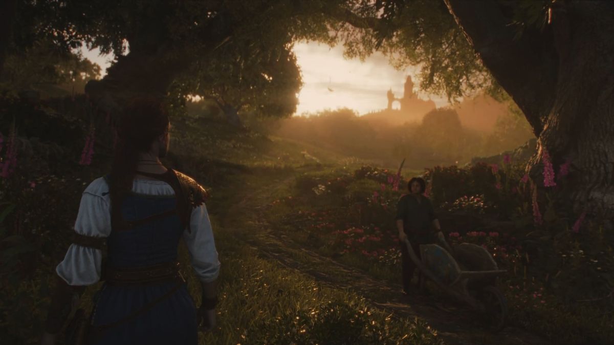 A screenshot from the Fable 4 trailer showing a hero looking at a castle in the distance