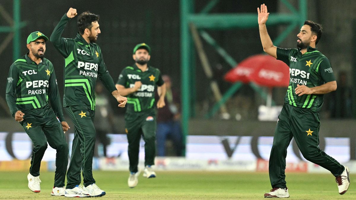 Pakistan's ODI team celebrate after taking a wicket against New Zealand in a match ahead of the ICC Champions Cup