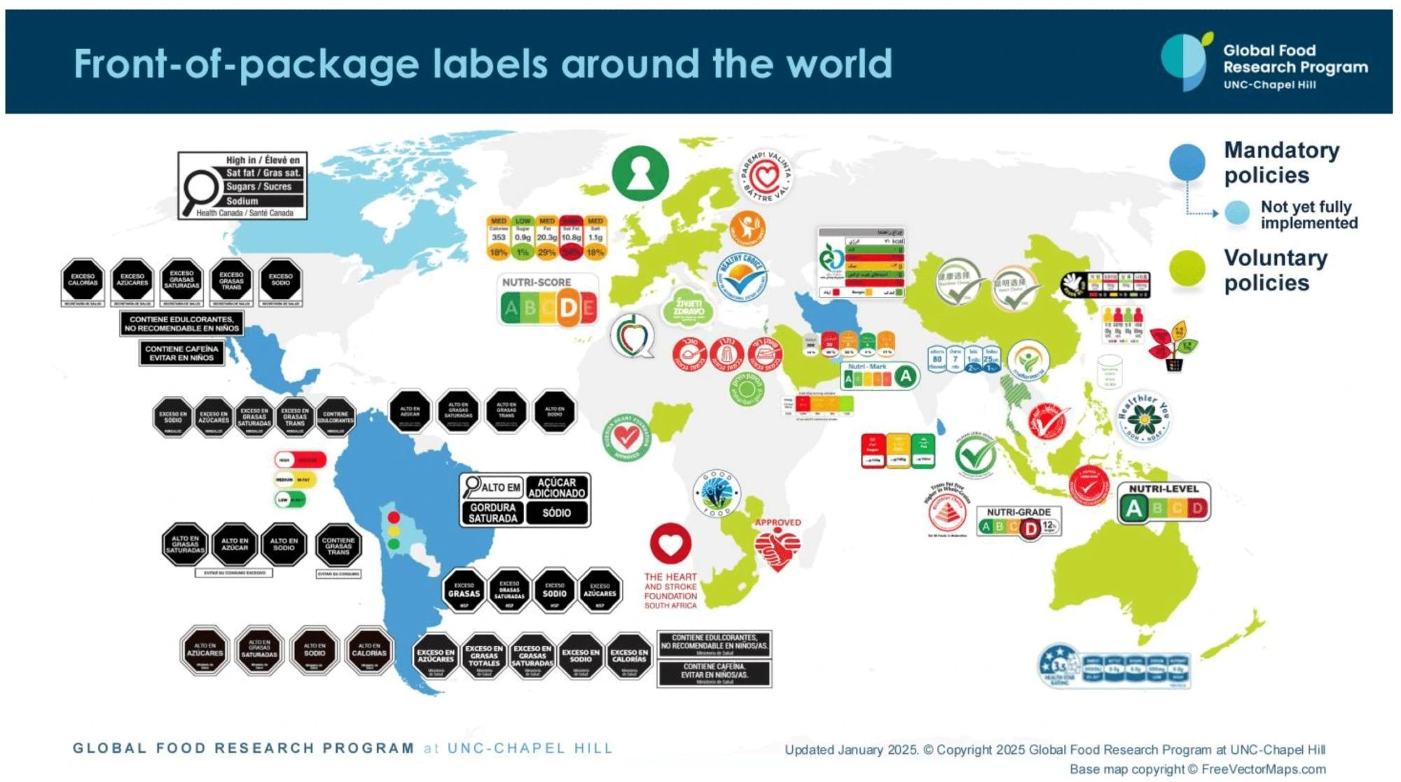 Front-of-package labels around the world. Reprinted with permission from the Global Research Program at UNC-Chapel Hill.