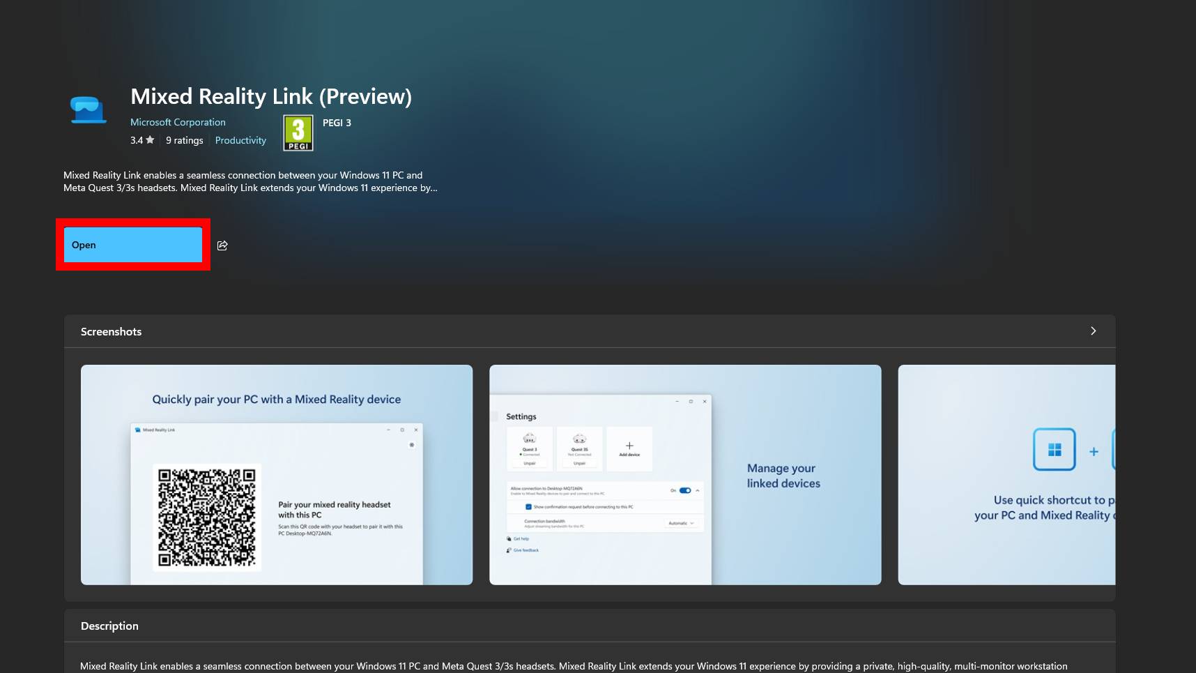 אפליקציית קישור מציאות מעורבת בחנות Microsoft