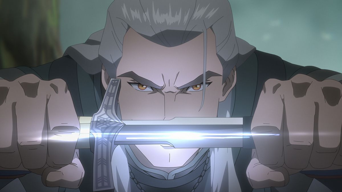 An animated Geralt (voiced by Doug Cockle) unsheathes a glinting sword as seen in Netflix's "The Witcher: Sirens of the Deep".