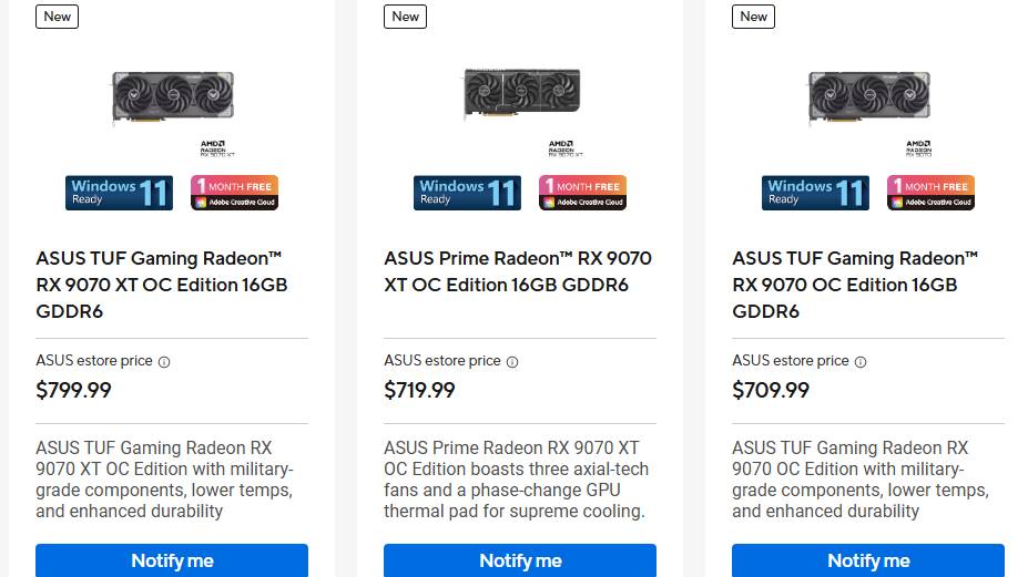 צילום מסך של רשימות ASUS AMD Radeon RX 9070 GPU