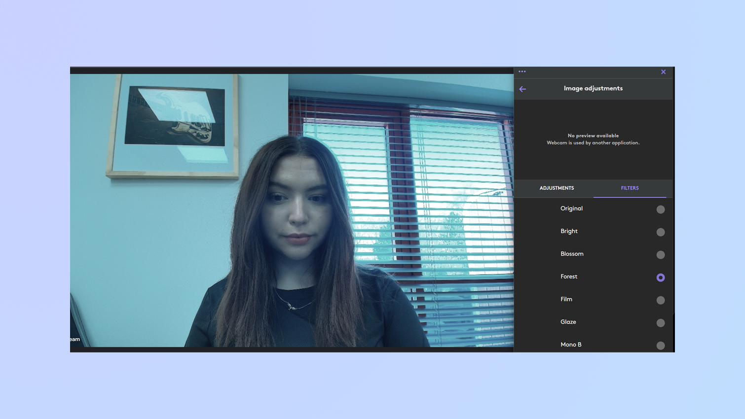 צילום מסך של מסנן 'יער' באפליקציה Logitech+