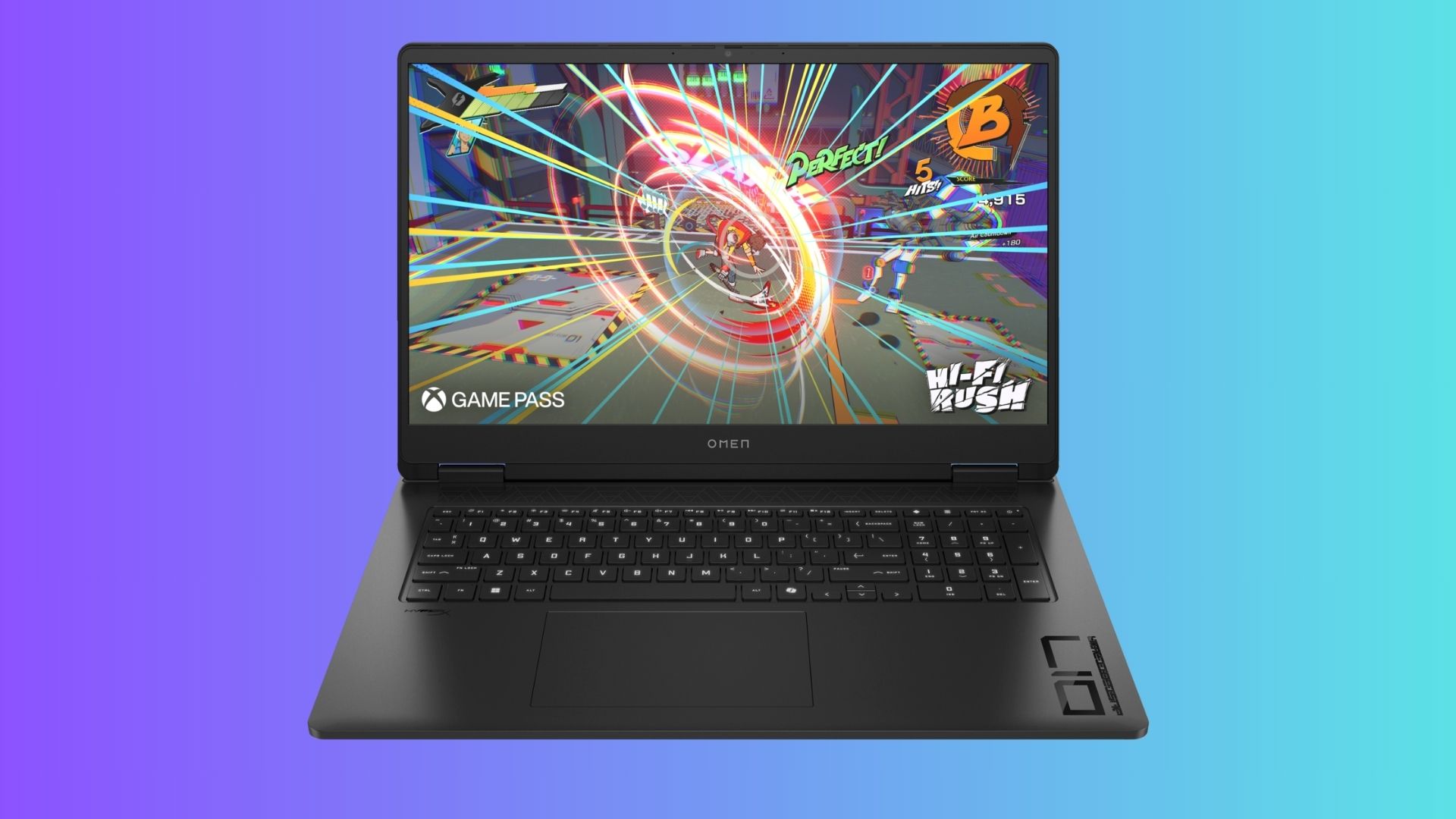 HP OMEN 17 נוף קדמי של מחשב נייד על רקע צבעוני עם מהירות Hi-Fi בתצוגה