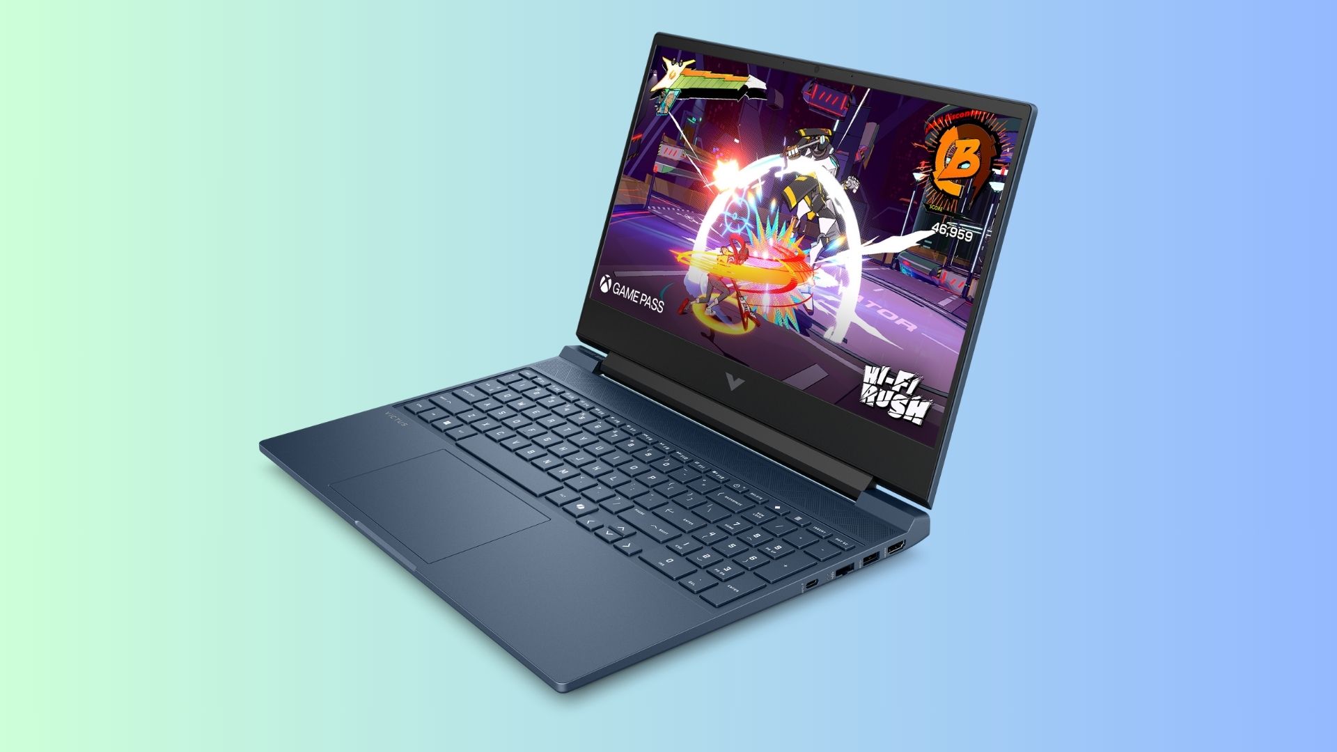 HP VICTUS 15 מבט צד על רקע צבעוני עם מהירות HI-FI בתצוגה