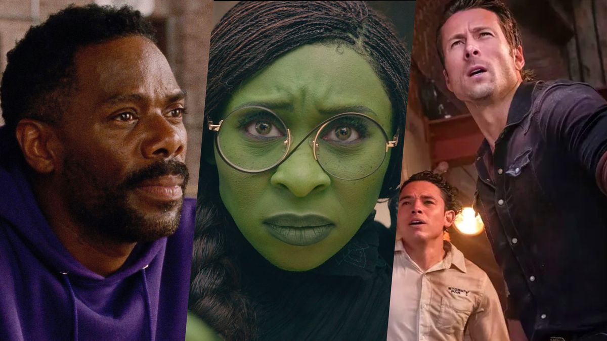 Composite image featuring Colman Domingo in "Sing Sing", Cynthia Erivo in "Wicked" and Anthony Ramos and Glen Powell in a scene from "Twisters"