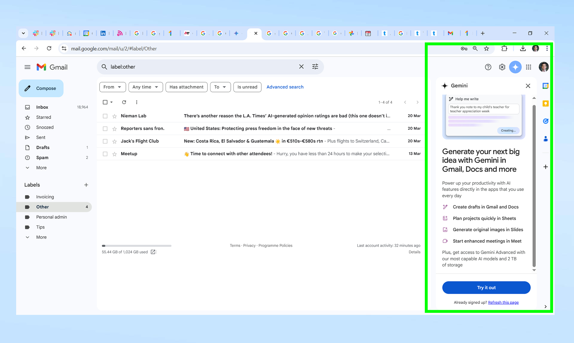 צילומי מסך של תאומים העובדים ב- Gmail