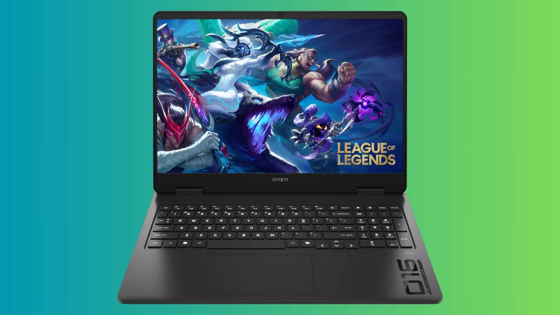 HP Omen 16 נוף קדמי דק על רקע צבעוני עם תמונת פרומו של ליגת האגדות