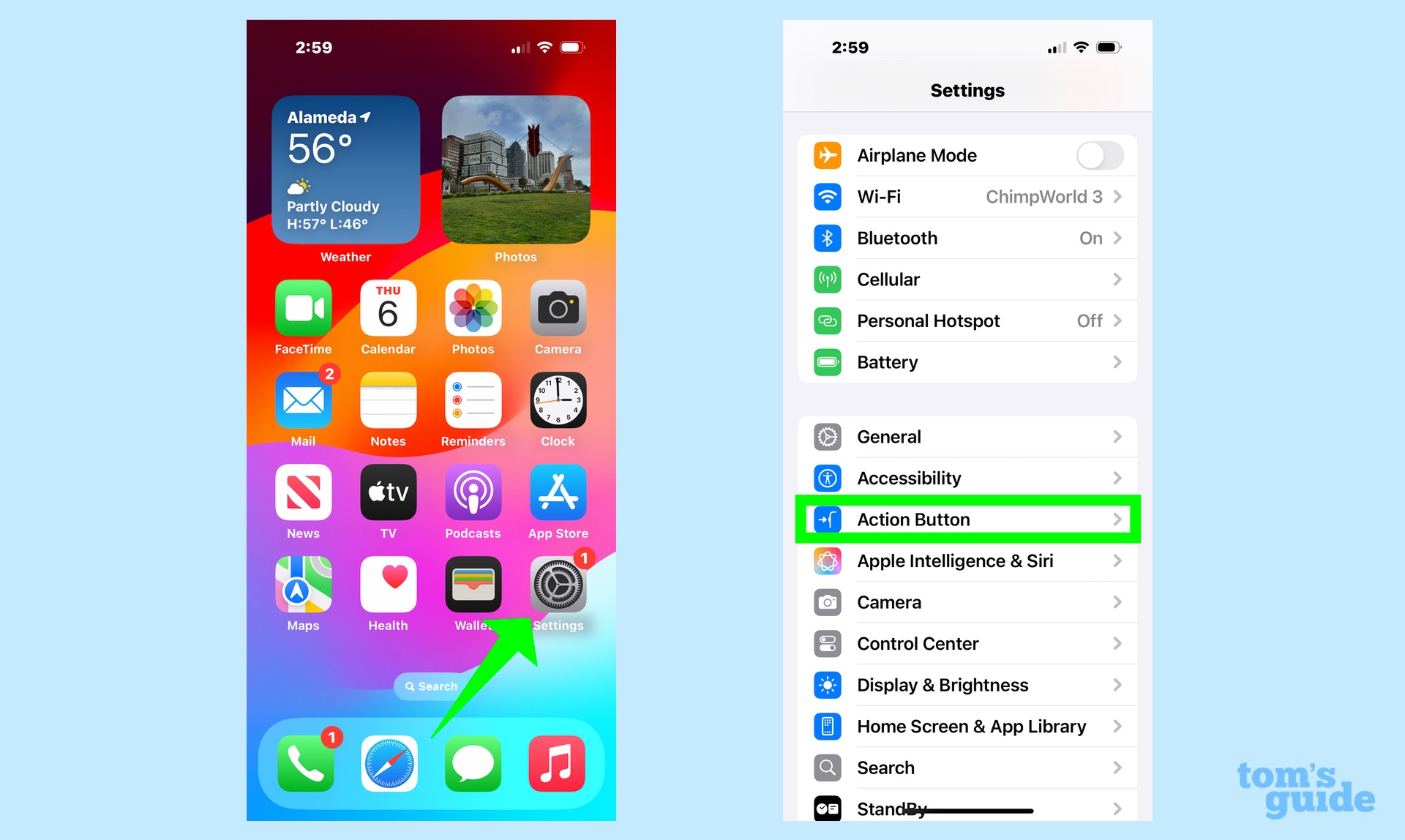 הפעל את אפליקציית ההגדרות ועבור לחצן פעולה