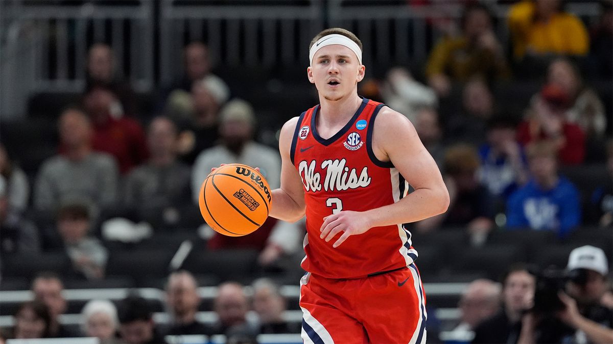 Sean Pedulla of the Ole Miss Rebels dribbles in a March Madness game against Iowa State Cyclones