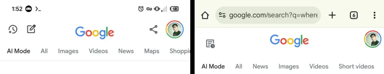 מצב AI של גוגל חיפוש סמלים חדשים לעומת ישן
