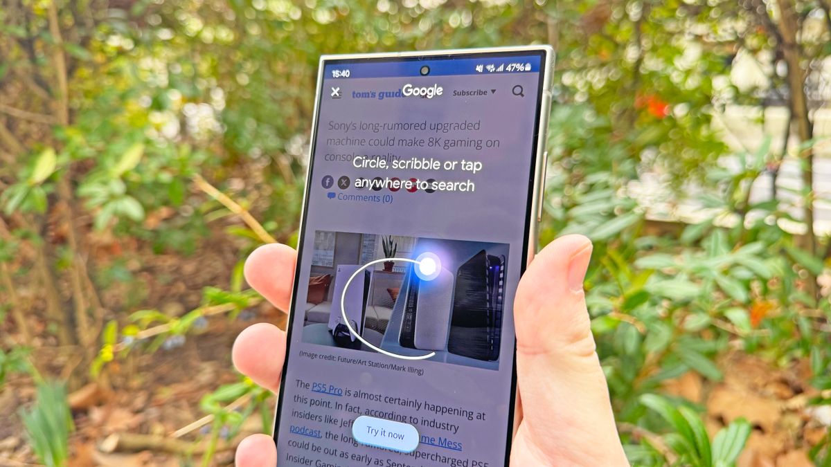 A photo of the Samsung Galaxy S24 in hand with the Circle to Search feature in use. The circle is half drawn.