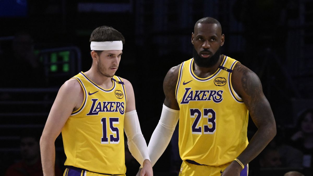 Los Angeles, CA - March 06: LeBron James #23 of the Los Angeles Lakers along with teammate Austin Reaves #15 of the Los Angeles Lakers against the New York Knicks in the first half of a NBA basketball game at Crypto.com Arena in Los Angeles ahead of Lakers vs Celtics, March 2025