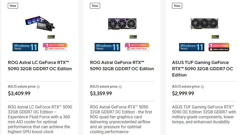 צילום מסך של רשימות ASUS NVIDIA RTX 5090 GPU