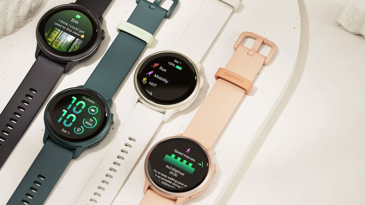 Close-up of the four color options for the Garmin Vivoactive 6 including black, white, green and pink