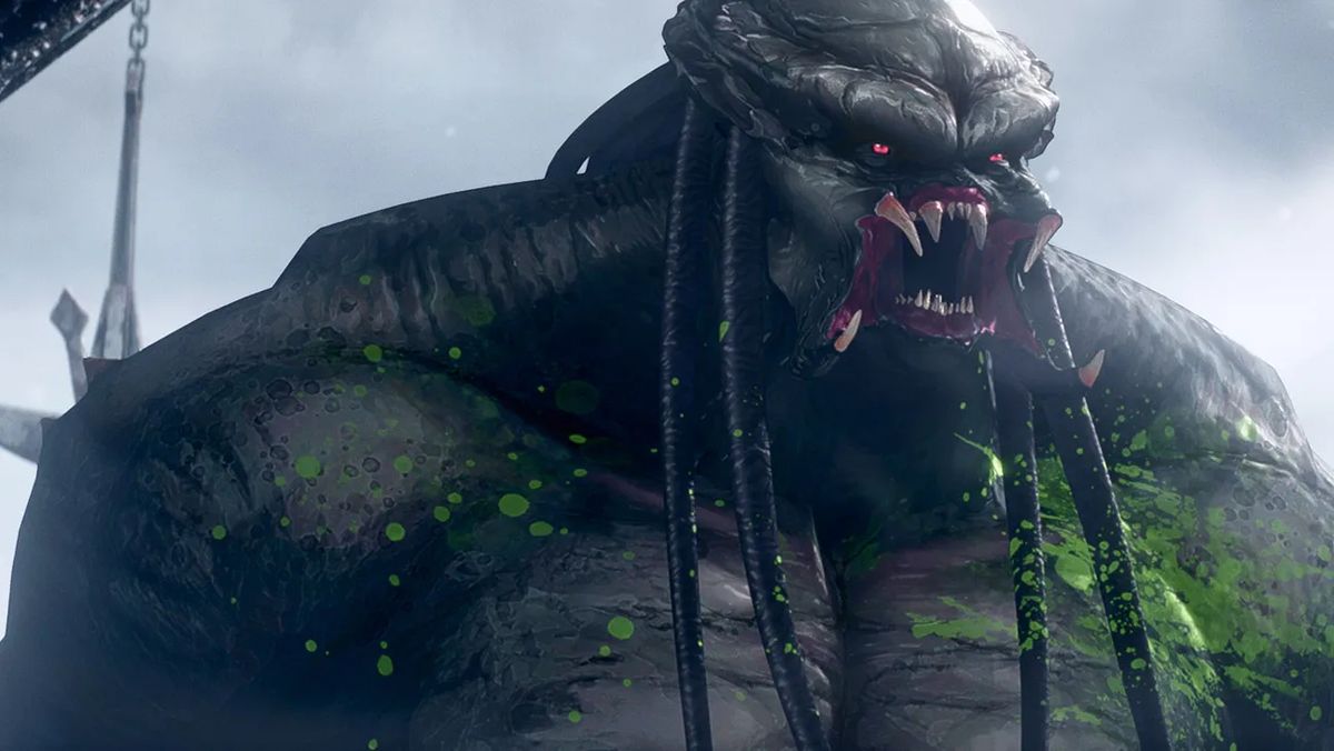 An image from "Predator: Killer of Killers" showing an animated Yautja warrior baring its teeth