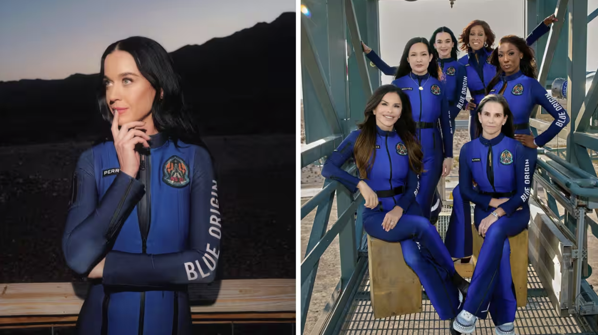 Katy Perry suited up for her trip to space onboard Blue Origin New Shepard NS-3 suborbital vehicle on April 14, 2025.