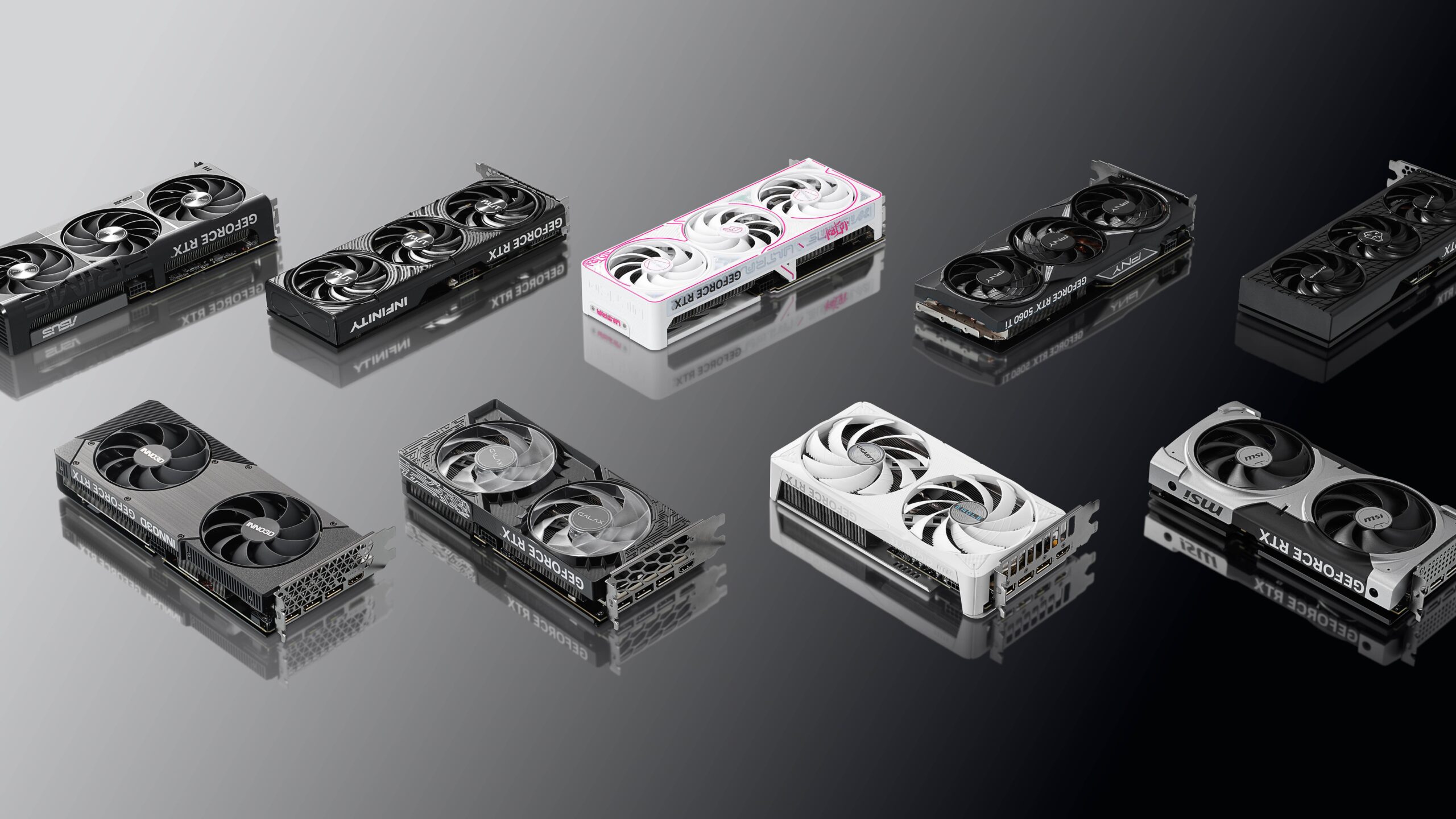 Nvidia GeForce RTX 5060 Ti GPUs lined up in shaded background