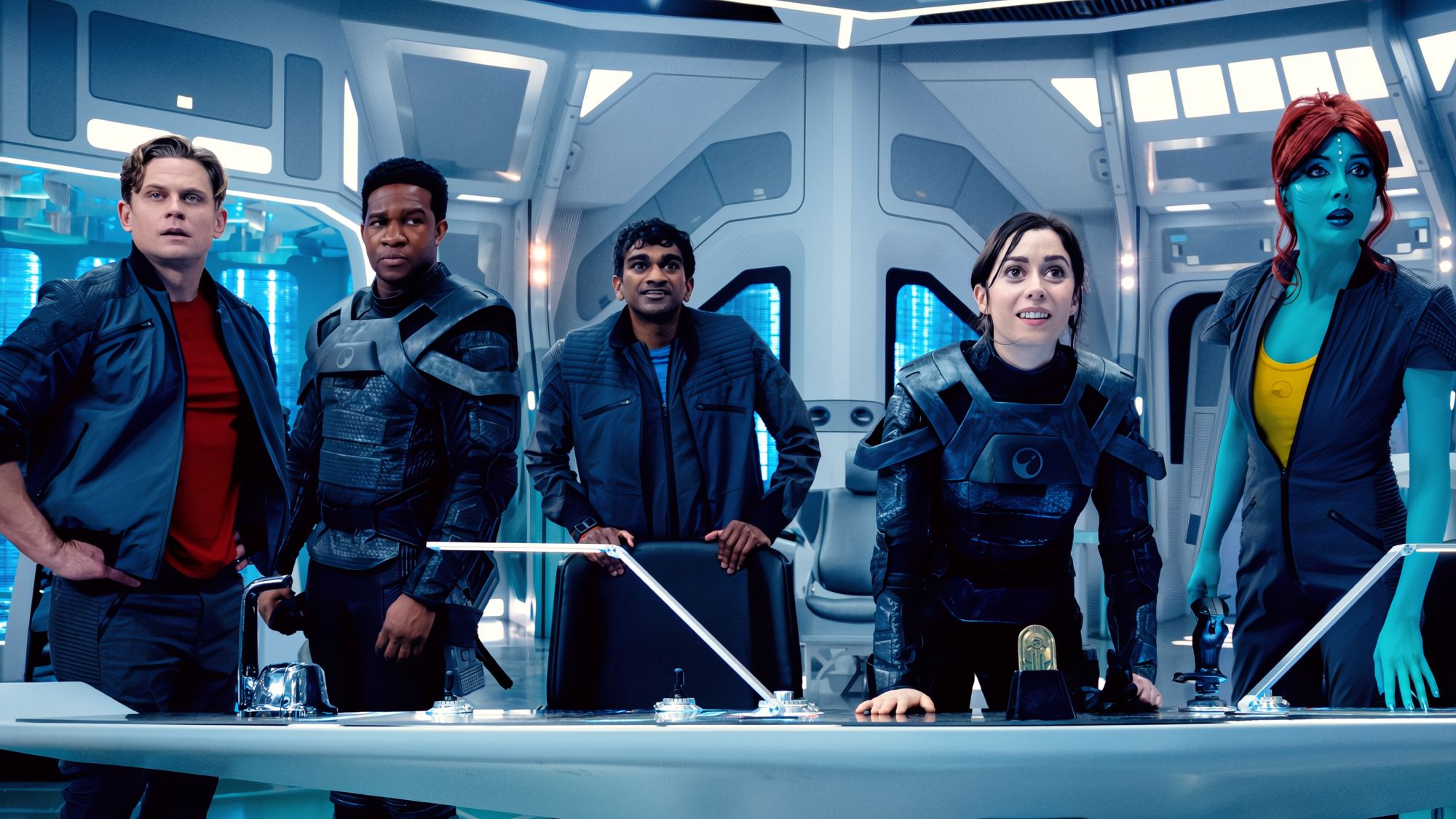 Left to right: Billy Magnussen, Osy Ikhile, Paul G. Raymond, Cristin Milioti, Milanka Brooks in Black Mirror season 7