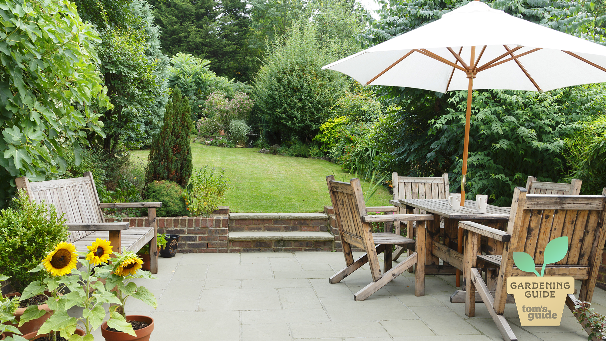 Summer garden with patio furniture